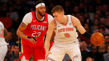 NEW YORK, NY - JANUARY 14: (NEW YORK DAILIES OUT) Anthony Davis #23 of the New Orleans Pelicans in action against Kristaps Porzingis #6 of the New York Knicks at Madison Square Garden on January 14, 2018 in New York City. The Pelicans defeated the Knicks 123-118 in overtime. NOTE TO USER: User expressly acknowledges and agrees that, by downloading and/or using this Photograph, user is consenting to the terms and conditions of the Getty Images License Agreement. (Photo by Jim McIsaac/Getty Images)