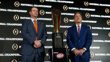 TAMPA, FL - JANUARY 8: Head coach Dabo Swinney of the Clemson Tigers, left, and head coach Nick Saban of the Alabama Crimson Tide pose for a photograph after speaking to members of the media during the College Football Playoff National Championship Head Coaches Press Conference on January 8, 2017 at the Tampa Convention Center in Tampa, Florida. (Photo by Brian Blanco/Getty Images)