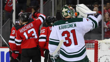 Nov 26, 2019; Newark, NJ, USA; The New Jersey Devils celebrate a goal by New Jersey Devils center Kyle Palmieri (21) during the second period at Prudential Center. Mandatory Credit: Ed Mulholland-USA TODAY Sports