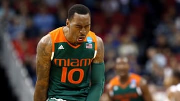 Mar 24, 2016; Louisville, KY, USA; Miami Hurricanes guard Sheldon McClellan (10) reacts after a play during the first half against the Villanova Wildcats in a semifinal game in the South regional of the NCAA Tournament at KFC YUM!. Mandatory Credit: Aaron Doster-USA TODAY Sports