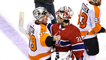 TORONTO, ONTARIO - AUGUST 21: Carter Hart #79 of the Philadelphia Flyers shakes hands with Carey Price #31 of the Montreal Canadiens after the Flyers 3-2 win in Game Six of the Eastern Conference First Round during the 2020 NHL Stanley Cup Playoffs at Scotiabank Arena on August 21, 2020 in Toronto, Ontario. (Photo by Elsa/Getty Images)