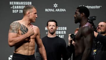 COPENHAGEN, DENMARK - SEPTEMBER 27: (L-R) Jack Hermansson of Sweden and Jared Cannonier face off during the UFC Fight Night weigh-in at Royal Arena on September 27, 2019 in Copenhagen, Denmark. (Photo by Jeff Bottari/Zuffa LLC/Zuffa LLC via Getty Images)