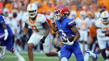 Sep 16, 2023; Gainesville, Florida, USA; Florida Gators wide receiver Eugene Wilson III (3) runs with the ball against the Tennessee Volunteers during the first quarter at Ben Hill Griffin Stadium. Mandatory Credit: Kim Klement Neitzel-USA TODAY Sports