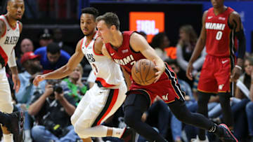 Goran Dragic #7 of the Miami Heat drives to the basket against CJ McCollum #3 of the Portland Trail Blazers(Photo by Michael Reaves/Getty Images)