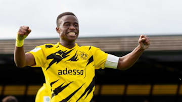Youssoufa Moukoko of Borussia Dortmund U19 celebrates after scoring (Photo by Max Maiwald/DeFodi Images via Getty Images)