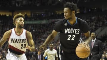 Jan 31, 2016; Portland, OR, USA; Minnesota Timberwolves guard Andrew Wiggins (22) drives to the basket on Portland Trail Blazers guard Allen Crabbe (23) during the first quarter of the game at the Moda Center at the Rose Quarter. Mandatory Credit: Steve Dykes-USA TODAY Sports