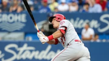 Aug 24, 2016; Toronto, Ontario, CAN; Los Angeles Angels center fielder Mike Trout (27) watches his solo home run against the Toronto Blue Jays in the first inning at Rogers Centre. Mandatory Credit: Kevin Sousa-USA TODAY Sports