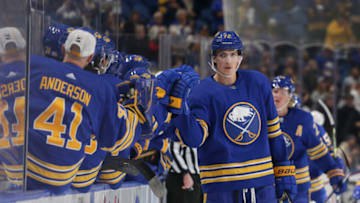 BUFFALO, NEW YORK - NOVEMBER 08: Tage Thompson #72 of the Buffalo Sabres celebrates his goal during the first period of an NHL hockey game against the Arizona Coyotes at KeyBank Center on November 08, 2022 in Buffalo, New York. (Photo by Joshua Bessex/Getty Images)