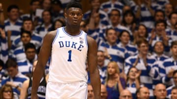 DURHAM, NORTH CAROLINA - FEBRUARY 05: Zion Williamson #1 of the Duke Blue Devils during their game against the Boston College Eagles at Cameron Indoor Stadium on February 05, 2019 in Durham, North Carolina. Duke won 80-55. (Photo by Grant Halverson/Getty Images)