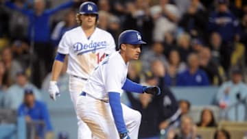 April 14, 2016; Los Angeles, CA, USA; Los Angeles Dodgers center fielder Trayce Thompson (21) scores a run in the seventh inning against Arizona Diamondbacks at Dodger Stadium. Mandatory Credit: Gary A. Vasquez-USA TODAY Sports