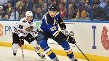 Mar 9, 2016; St. Louis, MO, USA; Chicago Blackhawks left wing Teuvo Teravainen (86) chases St. Louis Blues defenseman Colton Parayko (55) during the second period at Scottrade Center. Mandatory Credit: Jasen Vinlove-USA TODAY Sports