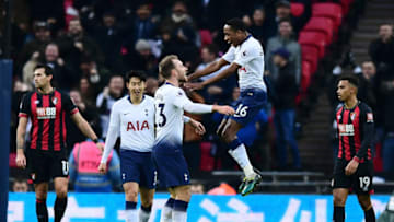 LONDON, ENGLAND - DECEMBER 26: Christian Eriksen of Tottenham Hotspur celebrates with teammates after he scores his sides first goal during the Premier League match between Tottenham Hotspur and AFC Bournemouth at Tottenham Hotspur Stadium on December 26, 2018 in London, United Kingdom. (Photo by Alex Broadway/Getty Images)
