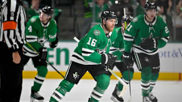 May 2, 2023; Dallas, Texas, USA; Dallas Stars center Joe Pavelski (16) skates off the ice after scoring his second goal against the Seattle Kraken during the first period in game one of the second round of the 2023 Stanley Cup Playoffs at the American Airlines Center. Mandatory Credit: Jerome Miron-USA TODAY Sports