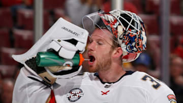 SUNRISE, FL - FEBRUARY 21: Goaltender James Reimer #34 of the Carolina Hurricanes takes a break during second period action against the Florida Panthers at the BB&T Center on February 21, 2019 in Sunrise, Florida. The Hurricanes defeated the Panthers 4-3. (Photo by Joel Auerbach/Getty Images)