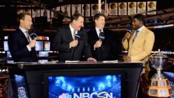 CHICAGO, IL - JUNE 15: (L-R) NBC hockey analysts Liam McHugh, Mike Milbury and Keith Jones speak to Montreal Canadiens defenseman P.K. Subban after he was presented with the James Norris Memorial Trophy as the League's outstanding defenseman for 2012-13 NHL season before Game Two of the 2013 Stanley Cup Final between the Chicago Blackhawks and the Boston Bruins at the United Center on June 15, 2013 in Chicago, Illinois. (Photo by Brian Babineau/NHLI via Getty Images)