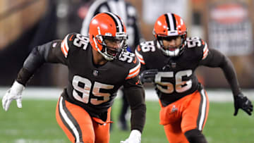 CLEVELAND, OHIO - DECEMBER 14: Myles Garrett #95 of the Cleveland Browns watches play during the second quarter in the game against the Baltimore Ravens at FirstEnergy Stadium on December 14, 2020 in Cleveland, Ohio. (Photo by Jason Miller/Getty Images)