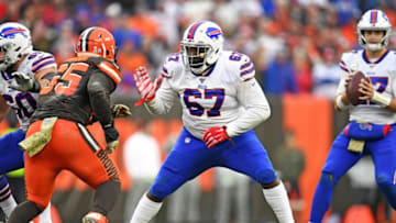 CLEVELAND, OHIO - NOVEMBER 10: Offensive guard Quinton Spain #67 of the Buffalo Bills blocks defensive tackle Larry Ogunjobi #65 of the Cleveland Browns during the second half at FirstEnergy Stadium on November 10, 2019 in Cleveland, Ohio. The Browns defeated the Bills 19-16. (Photo by Jason Miller/Getty Images)