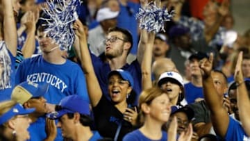 Sep 13, 2014; Gainesville, FL, USA; Kentucky Wildcats fans cheer against the Florida Gators at Ben Hill Griffin Stadium. Florida Gators defeated the Kentucky Wildcats 36-30. Mandatory Credit: Kim Klement-USA TODAY Sports