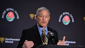 Dec 30, 2015; Los Angeles, CA, USA; Iowa Hawkeyes coach Kirk Ferentz addresses the media during press conference in advance of the 102nd Rose Bowl against the Stanford Cardinal at the L.A. Hotel Downtown. Mandatory Credit: Kirby Lee-USA TODAY Sports