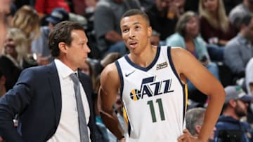 SALT LAKE CITY, UT - OCTOBER 2: Dante Exum #11 and Head Coach Quin Snyder of the Utah Jazz talk during a preseason game against the Sydney Kings on October 2, 2017 at vivint.SmartHome Arena in Salt Lake City, Utah. Copyright 2017 NBAE (Photo by Melissa Majchrzak/NBAE via Getty Images