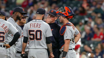 CLEVELAND, OH - JUNE 22: .dey29. meets on the mound with Detroit Tigers pitcher Mike Fiers (50) and Detroit Tigers catcher James McCann (34) during the fifth inning of the Major League Baseball game between the Detroit Tigers and Cleveland Indians on June 22, 2018, at Progressive Field in Cleveland, OH. (Photo by Frank Jansky/Icon Sportswire via Getty Images)