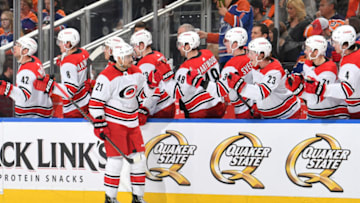 EDMONTON, AB - JANUARY 20: Nino Niederreiter #21 of the Carolina Hurricanes celebrates after a goal during the game against the Edmonton Oilers on January 20, 2019 at Rogers Place in Edmonton, Alberta, Canada. (Photo by Andy Devlin/NHLI via Getty Images)