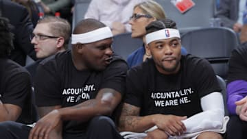SACRAMENTO, CA - MARCH 25: Zach Randolph #50 of the Sacramento Kings and Frank Mason III #10 of the Sacramento Kings look on during the game against the Boston Celtics on March 25, 2018 at Golden 1 Center in Sacramento, California. NOTE TO USER: User expressly acknowledges and agrees that, by downloading and or using this photograph, User is consenting to the terms and conditions of the Getty Images Agreement. Mandatory Copyright Notice: Copyright 2018 NBAE (Photo by Rocky Widner/NBAE via Getty Images)