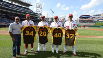 Jul 6, 2016; Washington, DC, USA; Washington Nationals general manager Mike Rizzo poses for a photo with right fielder Bryce Harper (34), second baseman Daniel Murphy (20), catcher Wilson Ramos (40) and starting pitcher Stephen Strasburg (37) after they were presented with their All Star jersey