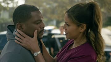 Episode 1. Mekhi Phifer and Merle Dandridge in “Truth Be Told,” premiering August 20, 2021 on Apple TV+.