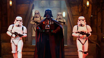 PARIS, FRANCE - DECEMBER 16: Darth Vader and Stormtrooper characters from "Star Wars : The Force Awakens" pose during "Star Wars: Episode VII - The Force Awakens" party at Disneyland Paris on December 16, 2015 in Paris, France. (Photo by Chesnot/Getty Images)