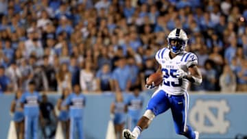 CHAPEL HILL, NORTH CAROLINA - OCTOBER 26: Deon Jackson #25 of the Duke Blue Devils during their game at Kenan Stadium on October 26, 2019 in Chapel Hill, North Carolina. (Photo by Streeter Lecka/Getty Images)