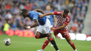 GLASGOW, SCOTLAND - JULY 26: Abdallah Sima of Rangers and Joao Antonio Antunes during the pre-season friendly match between Rangers and Olympiacos at Ibrox Stadium on July 26, 2023 in Glasgow, Scotland. (Photo by Steve Welsh/Getty Images)