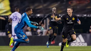 COLUMBUS, OH - JULY 21: Columbus Crew SC midfielder Will Trapp (6) celebrates with Columbus Crew SC goalkeeper Zack Steffen (23) after scoring the game winning goal in the MLS regular season game between the Columbus Crew SC and the Orlando City SC on July 21, 2018 at Mapfre Stadium in Columbus, OH. Crew won 3-2. (Photo by Adam Lacy/Icon Sportswire via Getty Images)