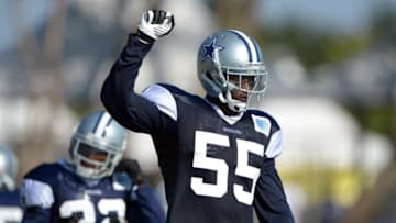 Jul 31, 2014; Oxnard, CA, USA; Dallas Cowboys linebacker Rolando McClain (55) at training camp at the River Ridge Fields. Mandatory Credit: Kirby Lee-USA TODAY Sports