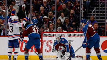 Edmonton Oilers center Ryan Nugent-Hopkins (93) celebrates the goal of defenseman Evan Bouchard (2) . Mandatory Credit: Isaiah J. Downing-USA TODAY Sports