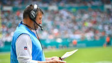 MIAMI, FL - SEPTEMBER 09: Head coach Mike Vrabel of the Tennessee Titans during the game in the second quarter against the Miami Dolphins at Hard Rock Stadium on September 9, 2018 in Miami, Florida. (Photo by Mark Brown/Getty Images)
