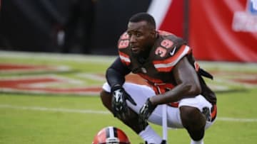 Aug 29, 2015; Tampa, FL, USA;Cleveland Browns free safety Tashaun Gipson (39) works out prior to the game at Raymond James Stadium. Mandatory Credit: Kim Klement-USA TODAY Sports