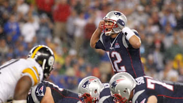 Sep 10, 2015; Foxborough, MA, USA; New England Patriots quarterback Tom Brady (12) during the second quarter against the Pittsburgh Steelers at Gillette Stadium. Mandatory Credit: Stew Milne-USA TODAY Sports