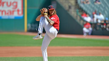 CLEVELAND, OHIO - SEPTEMBER 14: Starting pitcher Mike Clevinger #52 of the Cleveland Indians pitches during the first inning against the Minnesota Twins during the first game of a double header at Progressive Field on September 14, 2019 in Cleveland, Ohio. (Photo by Jason Miller/Getty Images)