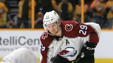 NASHVILLE, TN - APRIL 20: Colorado Avalanche center Nathan MacKinnon (29) is shown during Game Five of Round One of the Stanley Cup Playoffs between the Colorado Avalanche and Nashville Predators, held on April 20, 2018, at Bridgestone Arena in Nashville, Tennessee. (Photo by Danny Murphy/Icon Sportswire via Getty Images)