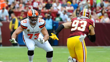 Oct 2, 2016; Landover, MD, USA; Cleveland Browns offensive lineman Joe Thomas (73) prepares to block Washington Redskins defensive end Trent Murphy (93) during the first half at FedEx Field. Mandatory Credit: Brad Mills-USA TODAY Sports