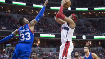 Jan 19, 2015; Washington, DC, USA; Washington Wizards forward Paul Pierce (34) shoots the ball over Philadelphia 76ers forward Robert Covington (33) during the first quarter at Verizon Center. Mandatory Credit: Tommy Gilligan-USA TODAY Sports