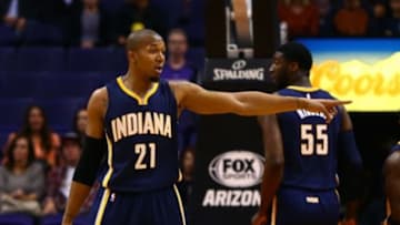 Dec 2, 2014; Phoenix, AZ, USA; Indiana Pacers forward David West (21) reacts in the first quarter against the Phoenix Suns at US Airways Center. Mandatory Credit: Mark J. Rebilas-USA TODAY Sports