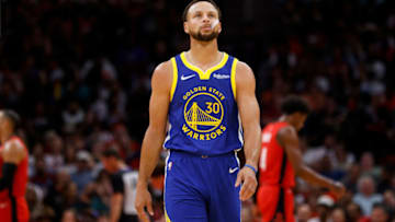 HOUSTON, TEXAS - OCTOBER 29: Stephen Curry #30 of the Golden State Warriors reacts in the first half against the Houston Rockets at Toyota Center on October 29, 2023 in Houston, Texas. NOTE TO USER: User expressly acknowledges and agrees that, by downloading and or using this photograph, User is consenting to the terms and conditions of the Getty Images License Agreement. (Photo by Tim Warner/Getty Images)