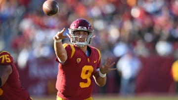 Kedon Slovis #9 of the USC Trojans passes the ball in the first half of the game against the UCLA Bruins at the Los Angeles Memorial Coliseum on November 23, 2019 in Los Angeles, California. (Photo by Jayne Kamin-Oncea/Getty Images)