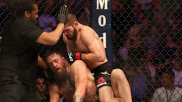 LAS VEGAS, NV - OCTOBER 06: Referee Herb Dean waves off Khabib Nurmagomedov of Russia after Conor McGregor of Ireland tapped out in their UFC lightweight championship bout during the UFC 229 event inside T-Mobile Arena on October 6, 2018 in Las Vegas, Nevada. (Photo by Christian Petersen/Zuffa LLC/Zuffa LLC)