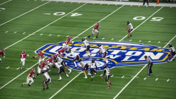 Dec 31, 2021; Arlington, Texas, USA; A view of the Cotton Bowl logo during the game between the Alabama Crimson Tide and the Cincinnati Bearcats during the 2021 Cotton Bowl college football CFP national semifinal game at AT&T Stadium. Mandatory Credit: Jerome Miron-USA TODAY Sports