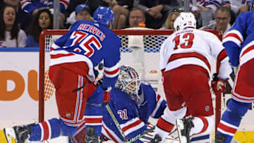 NEW YORK, NEW YORK - MAY 22: Igor Shesterkin #31 of the New York Rangers skates against the Carolina Hurricanes in Game Three of the Second Round of the 2022 Stanley Cup Playoffs at Madison Square Garden on May 22, 2022 in New York City. (Photo by Bruce Bennett/Getty Images)
