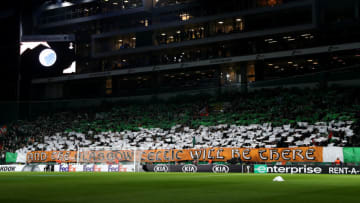 COPENHAGEN, DENMARK - FEBRUARY 20: Celtic fans crate tifo display prior to the UEFA Europa League round of 32 first leg match between FC Kobenhavn and Celtic FC at Telia Parken on February 20, 2020 in Copenhagen, Denmark. (Photo by Catherine Ivill/Getty Images)