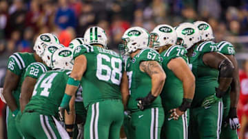 Nov 12, 2015; East Rutherford, NJ, USA; New York Jets quarterback Ryan Fitzpatrick (14) gives the play to the offense in the second half at MetLife Stadium. The Bills defeated the Jets 22-17 Mandatory Credit: William Hauser-USA TODAY Sports